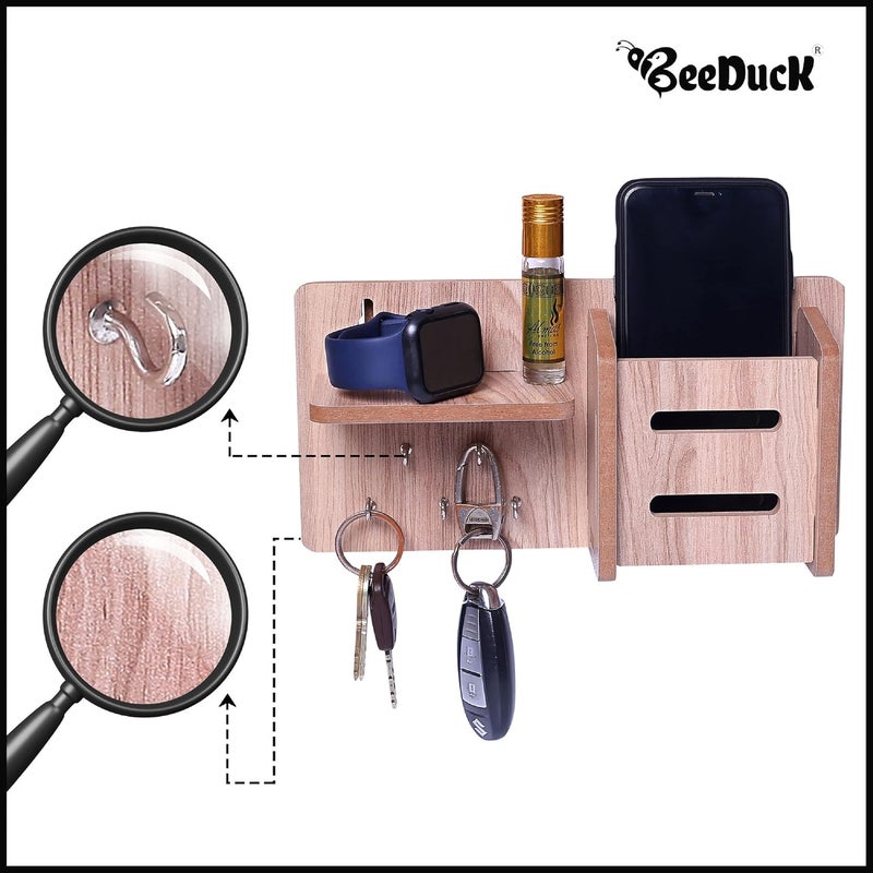 BeeDuck 5 Keys Hooks and 1 Mobile Wooden Keys & Mobile Stand for Mobile Charging, TV & AC Remote Holding and Keys Hanging at Home, Office, Bedroom, Hotel Wall Mount - Image 4