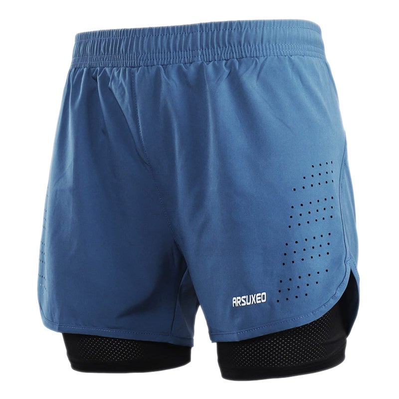 ARSUXEO Men's Active Training Running Shorts 2 in 1 Blue Size Small - Image 1