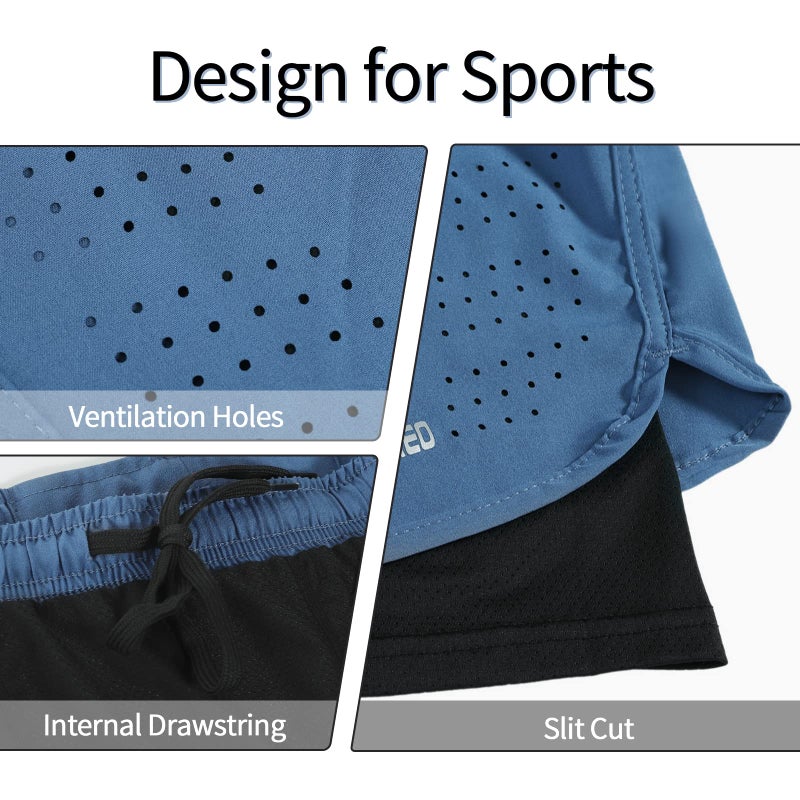 ARSUXEO Men's Active Training Running Shorts 2 in 1 Blue Size Small - Image 4