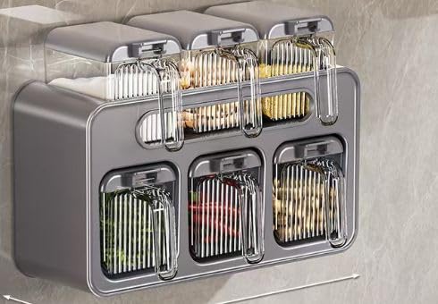 Crobat Wall Mounted Spice Storage Box With Spoon For Kitchen Multipurpose Self Adhesive Seasoning Masala Spice Rack Shelf With Coverplastic spice rack masala organiser - Image 1