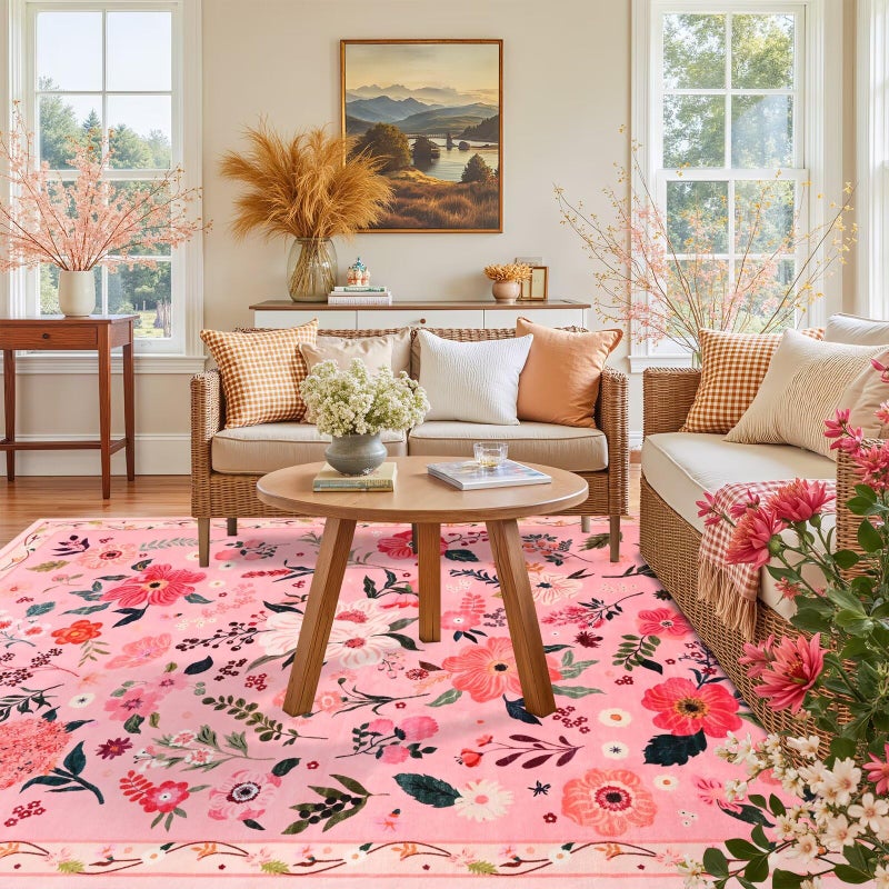 Macgace 5x7 Pink Floral Rug for Living Room, Machine Washable Area Rugs with Non Slip Backingfor Girls Bedroom, Cute Flowers Carpet Kitchen Dining Room Kids Playroom Decor - Image 2