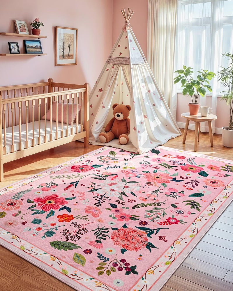 Macgace 5x7 Pink Floral Rug for Living Room, Machine Washable Area Rugs with Non Slip Backingfor Girls Bedroom, Cute Flowers Carpet Kitchen Dining Room Kids Playroom Decor - Image 3