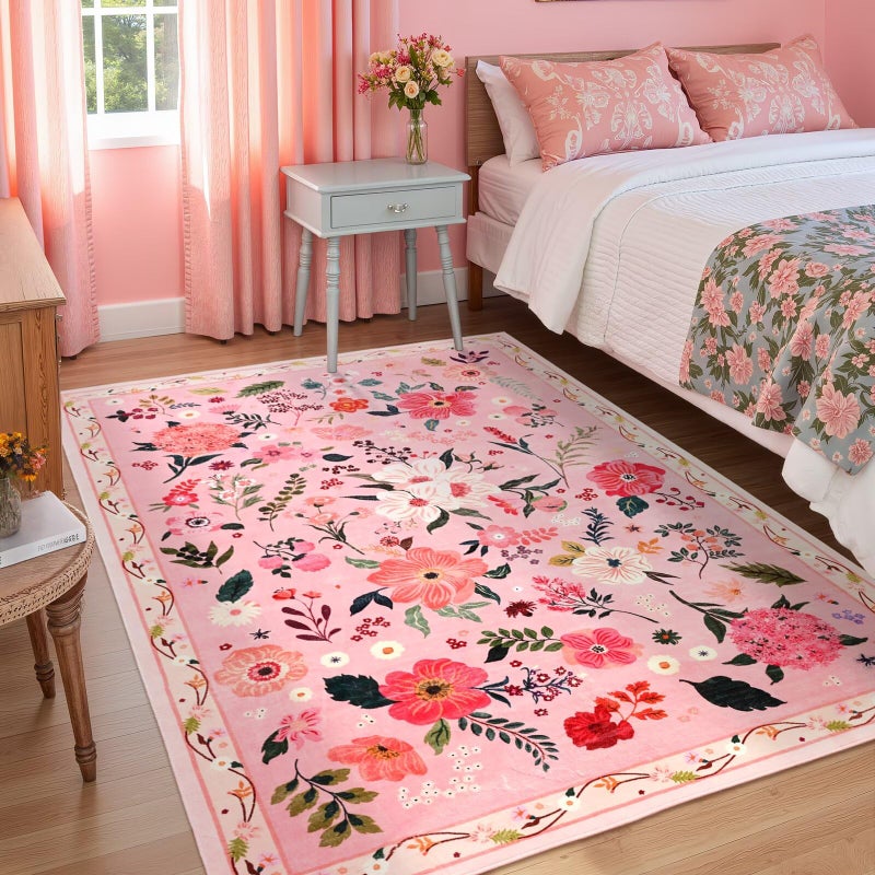 Macgace 5x7 Pink Floral Rug for Living Room, Machine Washable Area Rugs with Non Slip Backingfor Girls Bedroom, Cute Flowers Carpet Kitchen Dining Room Kids Playroom Decor - Image 4