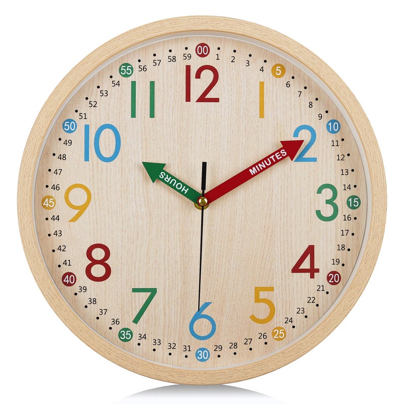 Lafocuse 12 Inch Silent Colorful Wall Clock Wood Grain Easy to Read, Cute Analog Rainbow Clock Time Teaching for Classroom Bedroom School - Image 1