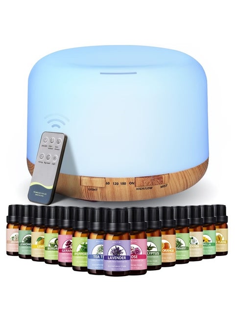 Oil Diffuser with 15x10mL Essential Oils, 500ml Essential Oil Diffusers, Aromatherapy Diffuser with 2 Mist Mode 4 Timers＆7 Ambient Light Waterless Auto Off for Diffusers Large Room Home Office