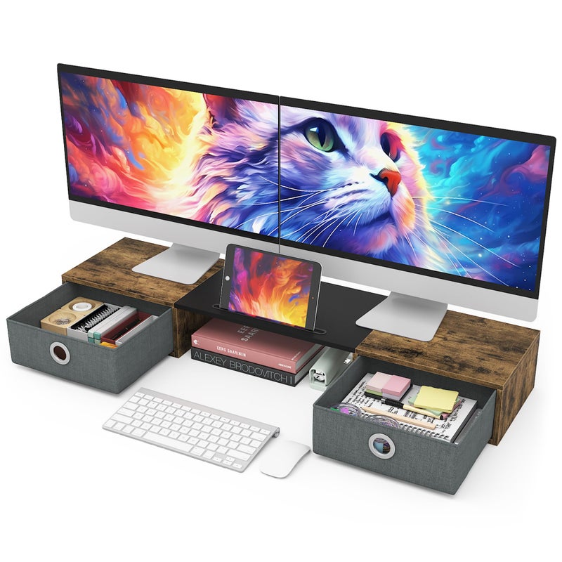 WESTREE Dual Monitor Stand Riser with Two Drawers, Extra Large Storage for 2 Monitors, Desktop Oraganizer Computer,Laptop,Screen,Printer,TV - Image 1