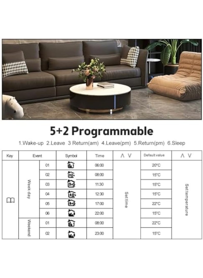 Barakah ترموستات ذكي واي فاي 5+2 قابل للبرمجة 16A للتدفئة الكهربائية - تحكم صوتي من تويا، تركيب سهل، شاشة LCD، جهاز تحكم ذكي في درجة الحرارة، متوافق مع أليكسا ومساعد جوجل (أبيض) - Image 5