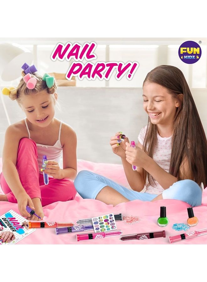 FUN KIDZ طقم طلاء أظافر للأطفال من 7-12 سنة، مجموعة أقلام طلاء الأظافر FunKidz، هدية للبنات، طقم استوديو فن الأظافر القابل للتقشير مع زينة رائعة للبنات - طلاء، قلم، لؤلؤ، بريق، ملصقات، مبرد، جواهر - Image 4