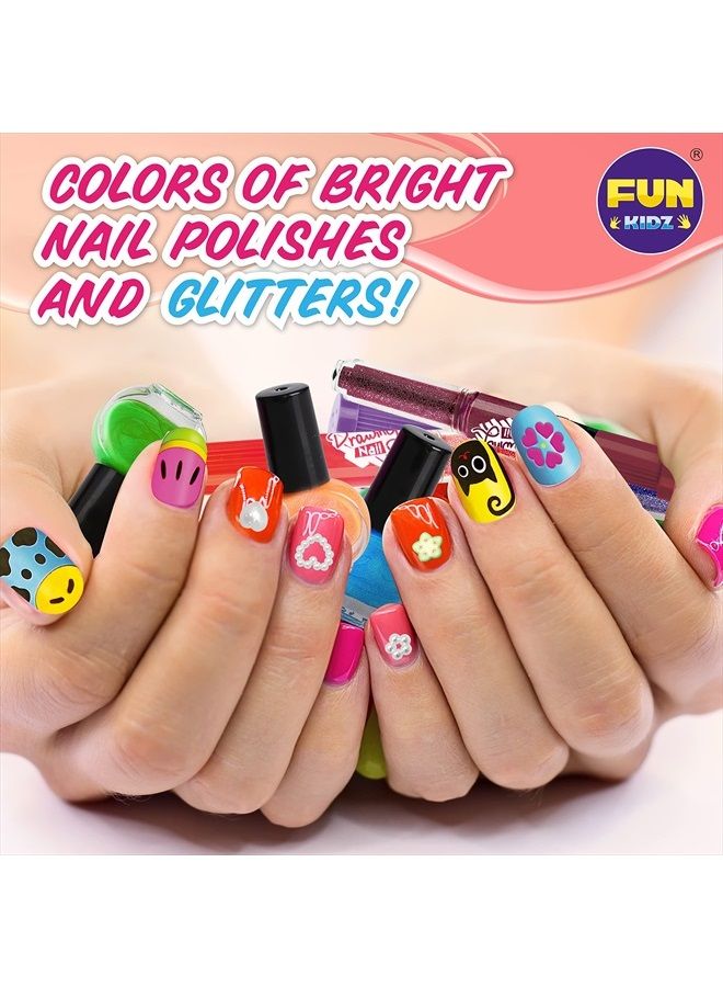 FUN KIDZ طقم طلاء أظافر للأطفال من 7-12 سنة، مجموعة أقلام طلاء الأظافر FunKidz، هدية للبنات، طقم استوديو فن الأظافر القابل للتقشير مع زينة رائعة للبنات - طلاء، قلم، لؤلؤ، بريق، ملصقات، مبرد، جواهر - Image 3