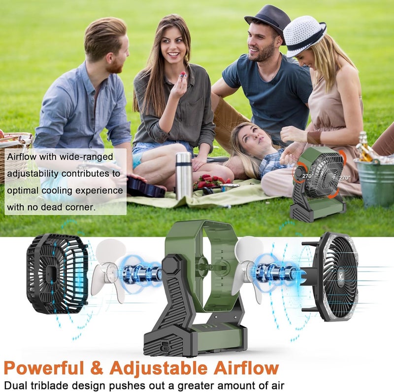 KITWLEMEN Fan with Camping Lamp, 20000mAh Desk Fan with Hook, 270° Rotation, 4 Speeds, USB Fan for Camping, Power Outage, Fishing, Hurricane - Image 3