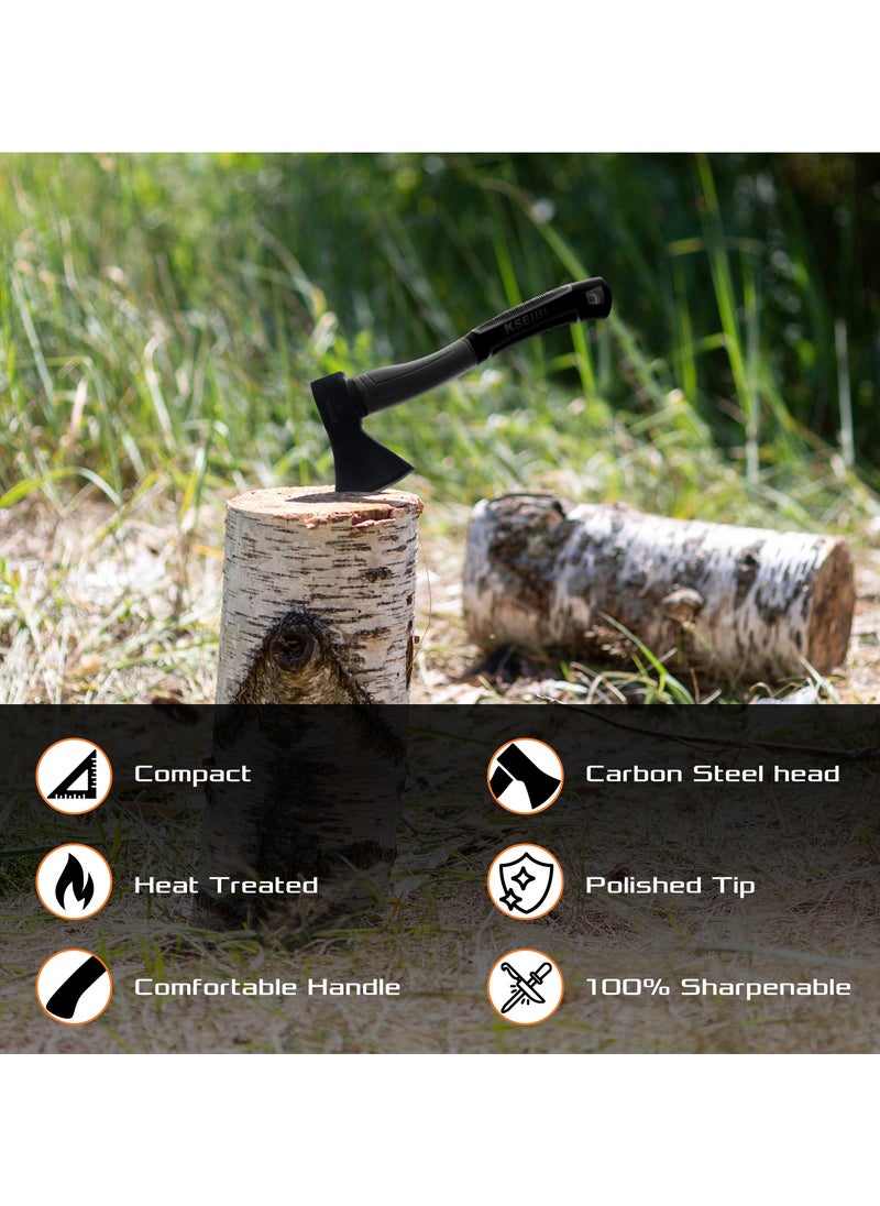 KSEIBI - Black Camp Hatchet with Sheath, Camping Axe for Splitting and Kindling Wood, Forged Steel Blade with Anti-Slip and Shock Reduction Handle Great Throwing Hatchets - Image 1