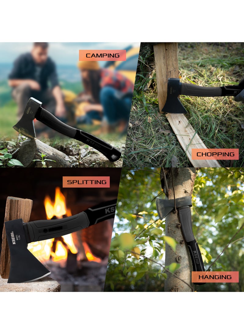 KSEIBI - Black Camp Hatchet with Sheath, Camping Axe for Splitting and Kindling Wood, Forged Steel Blade with Anti-Slip and Shock Reduction Handle Great Throwing Hatchets - Image 1