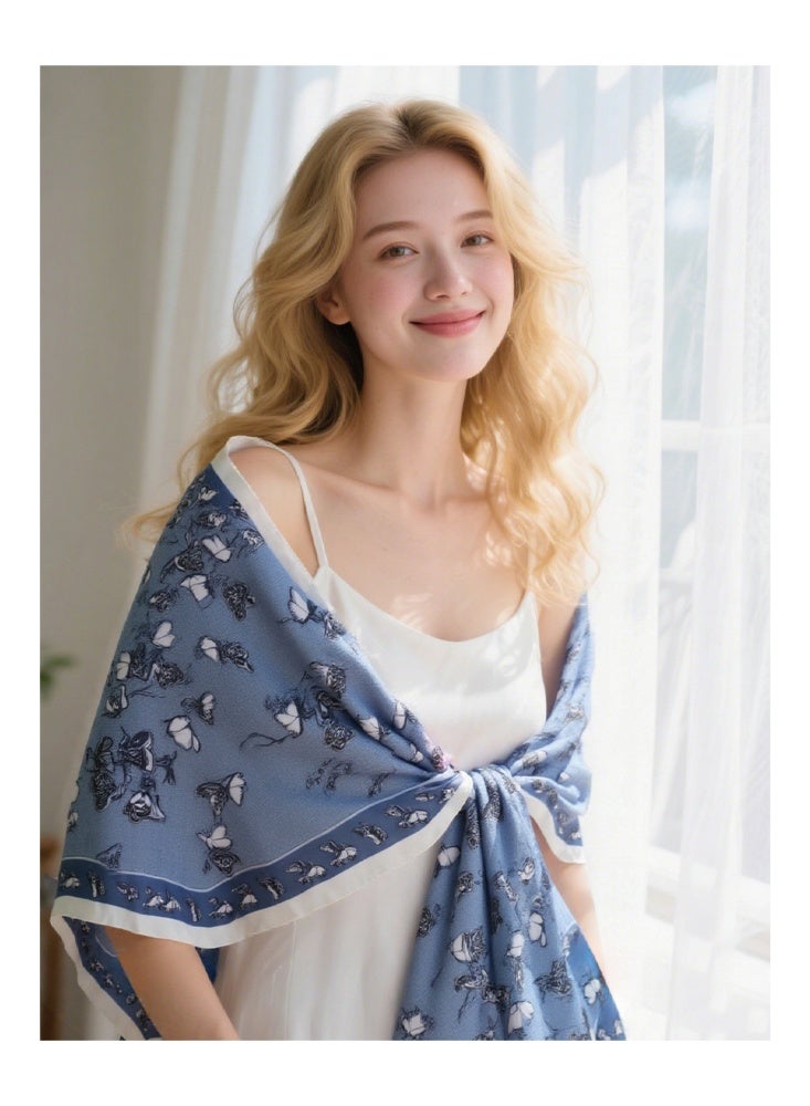 Zeemey The light blue butterfly print silk scarf for ladies features delicate butterfly and branch patterns, a smooth texture, and a large size of 90*180CM. It can be used as a scarf or shawl, adding an elegant and lively touch to your outfit. - Image 4