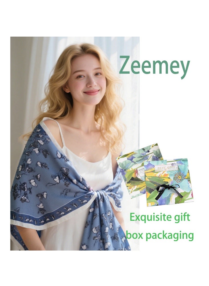 Zeemey The light blue butterfly print silk scarf for ladies features delicate butterfly and branch patterns, a smooth texture, and a large size of 90*180CM. It can be used as a scarf or shawl, adding an elegant and lively touch to your outfit. - Image 1