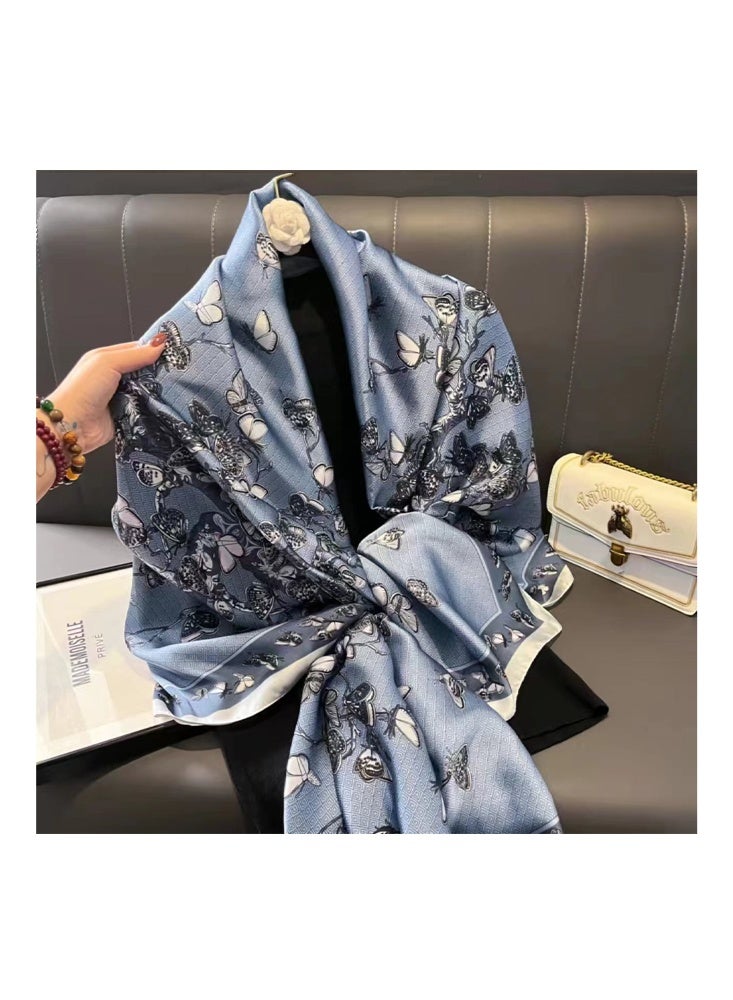 Zeemey The light blue butterfly print silk scarf for ladies features delicate butterfly and branch patterns, a smooth texture, and a large size of 90*180CM. It can be used as a scarf or shawl, adding an elegant and lively touch to your outfit. - Image 2