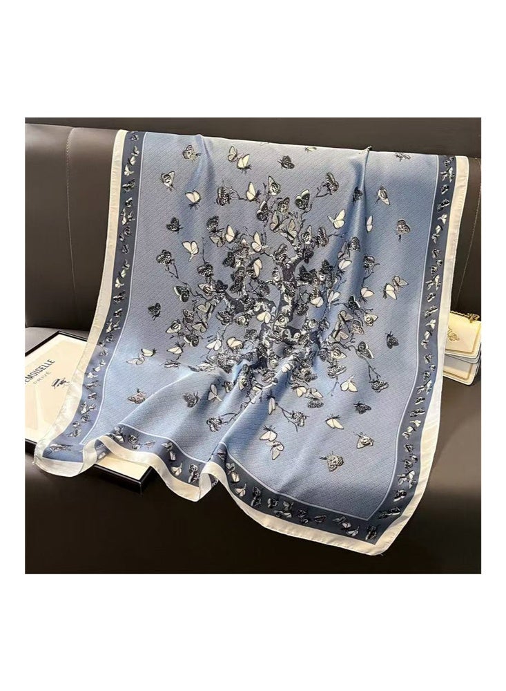 Zeemey The light blue butterfly print silk scarf for ladies features delicate butterfly and branch patterns, a smooth texture, and a large size of 90*180CM. It can be used as a scarf or shawl, adding an elegant and lively touch to your outfit. - Image 3