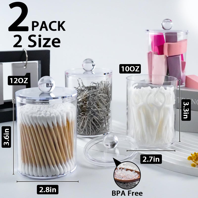 XIPENGKEJI 2 Pack Qtip Holder,Canister Apothecary Jar Set, Bathroom Jars with Lids Set for Cotton Swabs, Balls, Pads, Floss Picks,10oz-12oz Plastic Canisters Restroom Bedroom Vanity Organizer(Clear) - Image 2