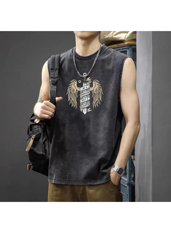 American High Street Retro Washed Distressed Sports Vest Trendy Brand Sleeveless T-shirt Loose Casual Fitness Short Sleeve