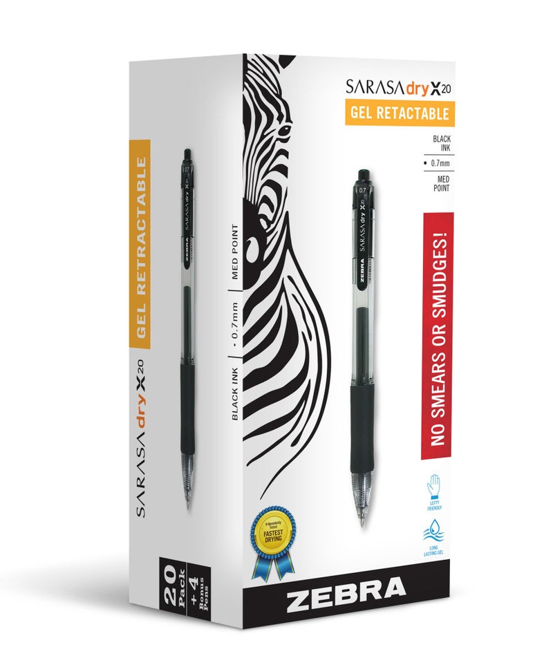 Zebra Pen Sarasa Dry X20 Retractable Gel Pens 07mm Medium Point Black Ink with Rapid Dry Ink Technology Ideal for the LeftHanded Eliminates Smudging and Smearing in Seconds 24Pack 14680 - Image 2