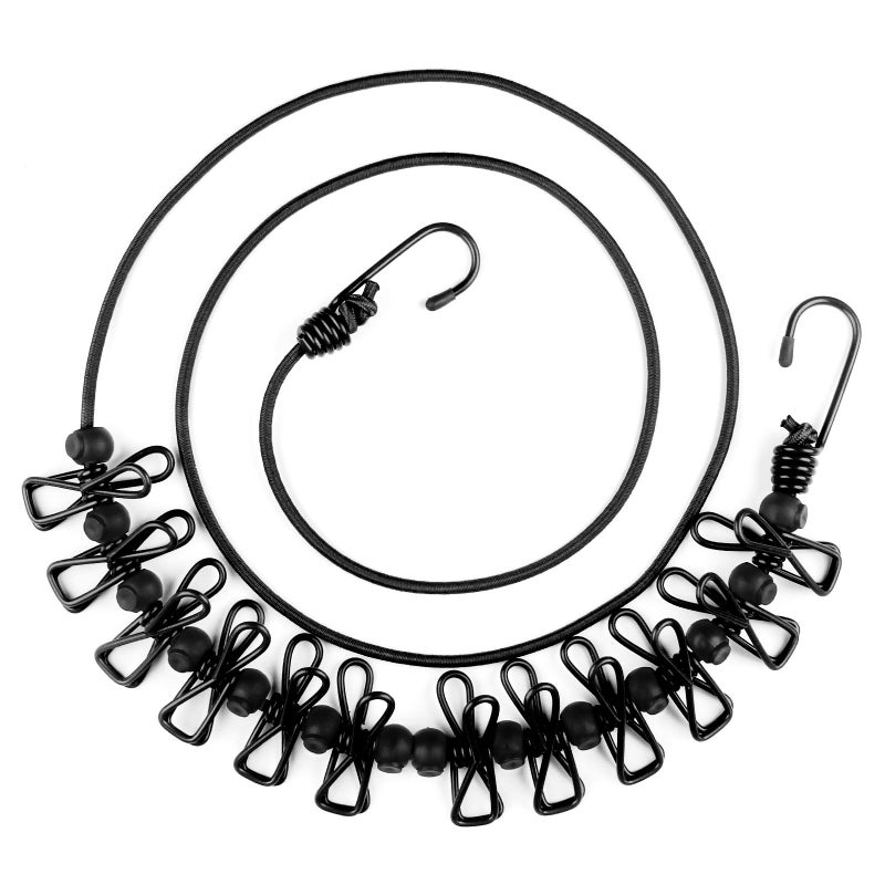 HAWATOUR Travel Clothesline Portable Retractable Clothesline with 12pcs Clothespins for Indoor Laundry Drying Outdoor Camping Accessories Black