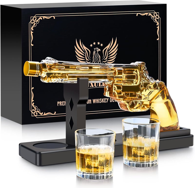 LUXULISH طقم زجاجات ويسكي على شكل مسدس للرجال، طقم زجاجة مشروبات مع كأسين، هدايا رائعة لعيد الميلاد أو الذكرى، موزع للمشروبات الكحولية والفودكا - Image 1