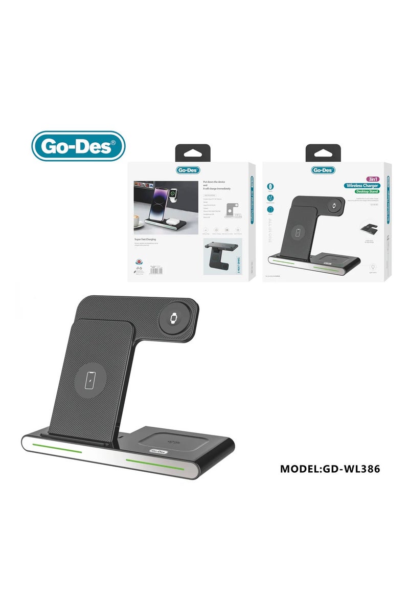 جو-ديز حامل شحن لاسلكي قابل للطي 3 في 1، قاعدة شحن سريعة بقوة 15 وات للهاتف والساعة وسماعات الرأس مع مفتاح إضاءة وحماية أمان - Image 1