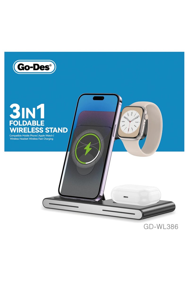 جو-ديز حامل شحن لاسلكي قابل للطي 3 في 1، قاعدة شحن سريعة بقوة 15 وات للهاتف والساعة وسماعات الرأس مع مفتاح إضاءة وحماية أمان - Image 2