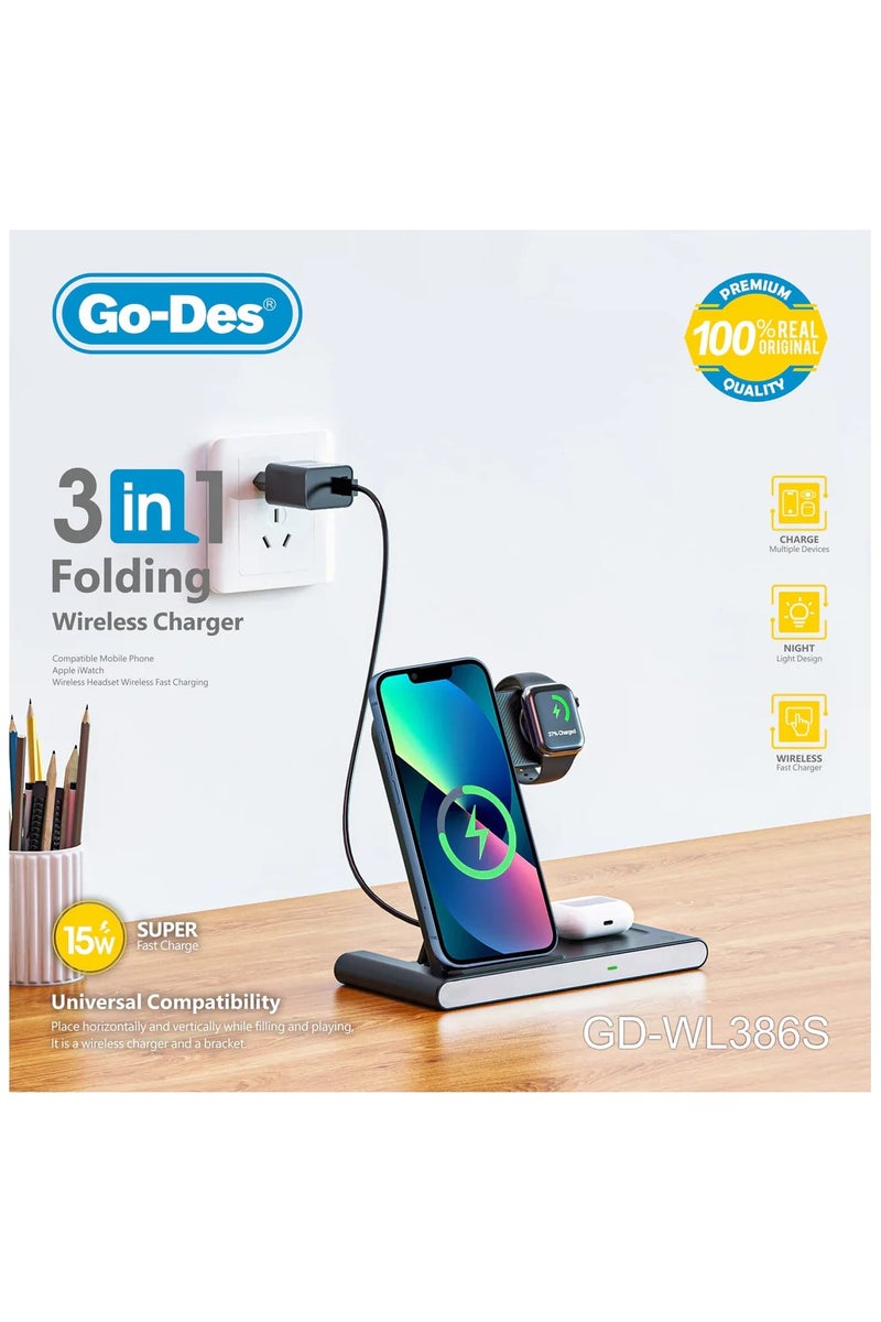 جو-ديز حامل شحن لاسلكي قابل للطي 3 في 1، قاعدة شحن سريعة بقوة 15 وات للهاتف والساعة وسماعات الرأس مع مفتاح إضاءة وحماية أمان - Image 3