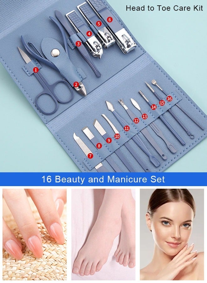 Super ZYouth 16 Piece Professional Pedicure and Nail Clipper Manicure Tool Set for Face Hand and Foot Care Blue - Image 3