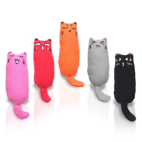 Vila Plush Cat Chews with Catnip Feline Mood Enhancer Oral Care Assistant Gum Massager Exercise and Entertainment Treat Cotton Fabric Orange Red Gray Pink Black 5 Pcs per Pack - Image 1