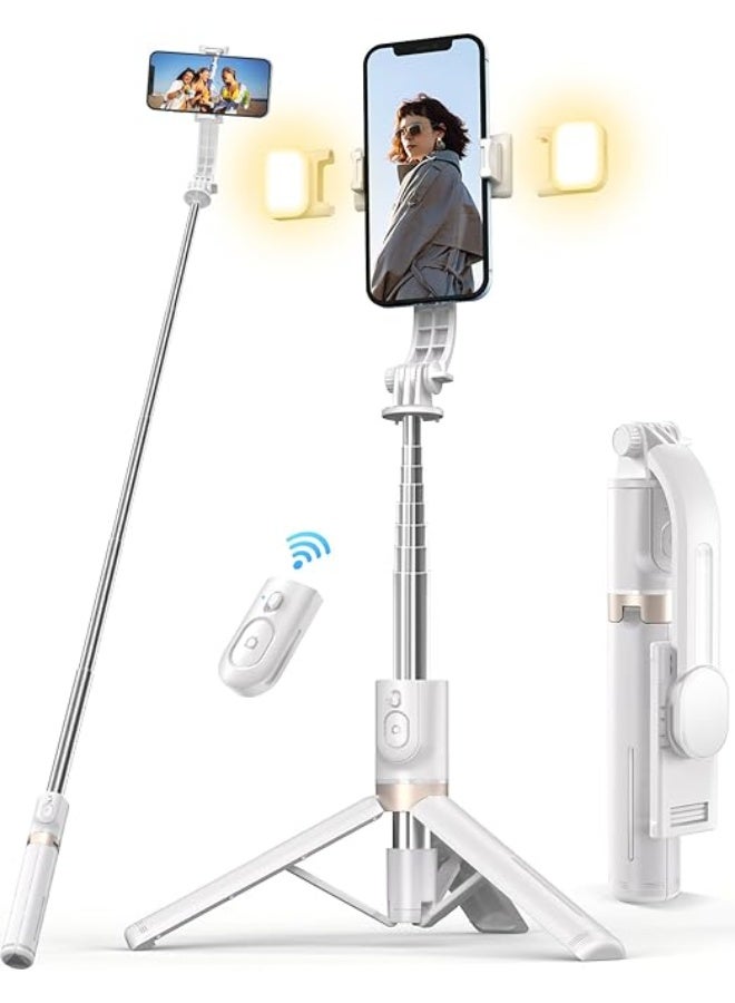 Bluetooth Selfie Stick for iPhone - 2 Rechargeable Lights, More Stable Extendable Travel Tripod up to 114CM with Remote Shutter for Google/Huawei/Xiaomi (White) - Image 1