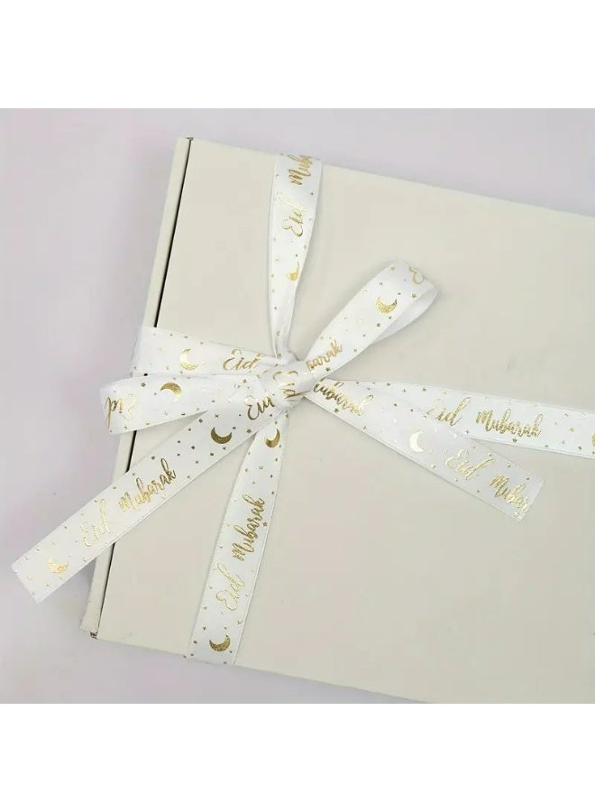 Eid Mubarak Decorative Ribbon, 2M White with Gold Foil Moon and Stars Pattern, Fabric Craft Ribbon for Ramadan (White) - view 4