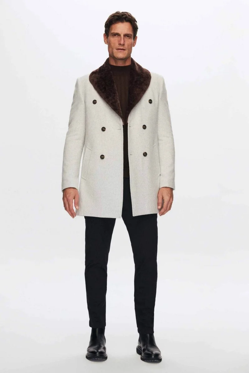 D'S DAMAT Regular Fit Beige Detachable Fur Coat 9HF08ORT10004