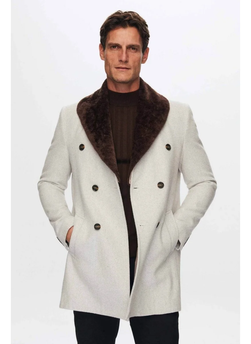 دي أس دامات Regular Fit Beige Detachable Fur Coat 9HF08ORT10004