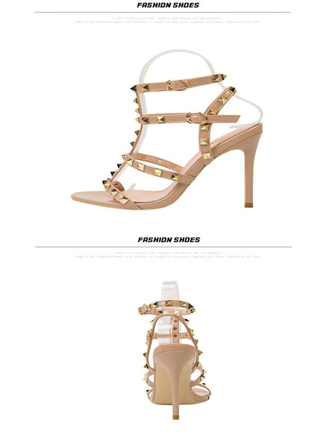 Eloshman 9.5cm Vintage Lacquer Leather Metal Rivet High Heel Sandals Light Beige - Image 2