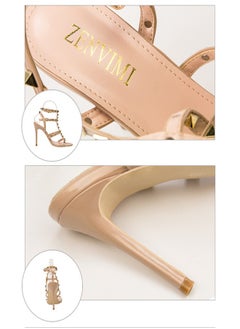 Eloshman 9.5cm Vintage Lacquer Leather Metal Rivet High Heel Sandals Light Beige  - Image 4