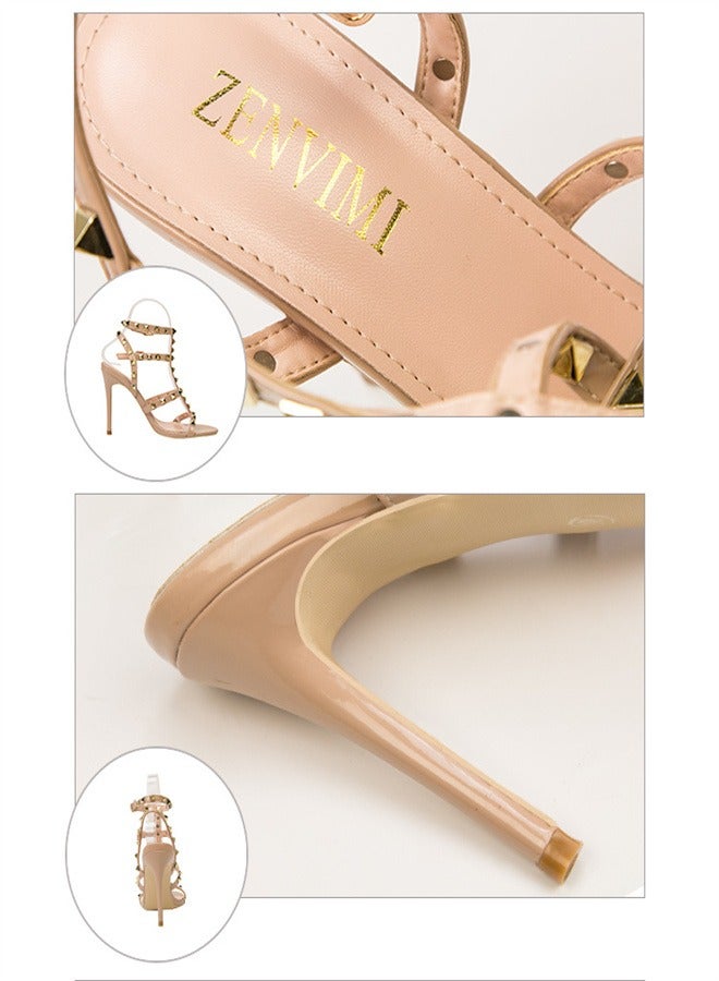 Eloshman 9.5cm Vintage Lacquer Leather Metal Rivet High Heel Sandals Light Beige - Image 4
