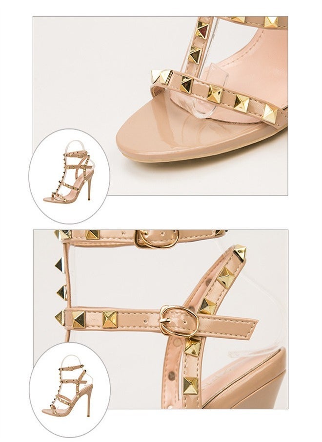 Eloshman 9.5cm Vintage Lacquer Leather Metal Rivet High Heel Sandals Light Beige - Image 1