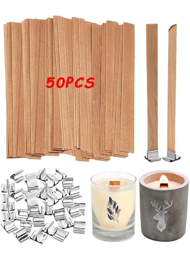 50 فتيلة شموع خشبية، فتائل شموع لصناعة الشموع خالية من الدخان طبيعيًا، قواعد شموع خشبية بقاعدة حديدية لصناعة الشموع بنفسك، فتائل شموع خشبية خالية من الدخان مع صوت فرقعة لشمع الشموع - Image 1