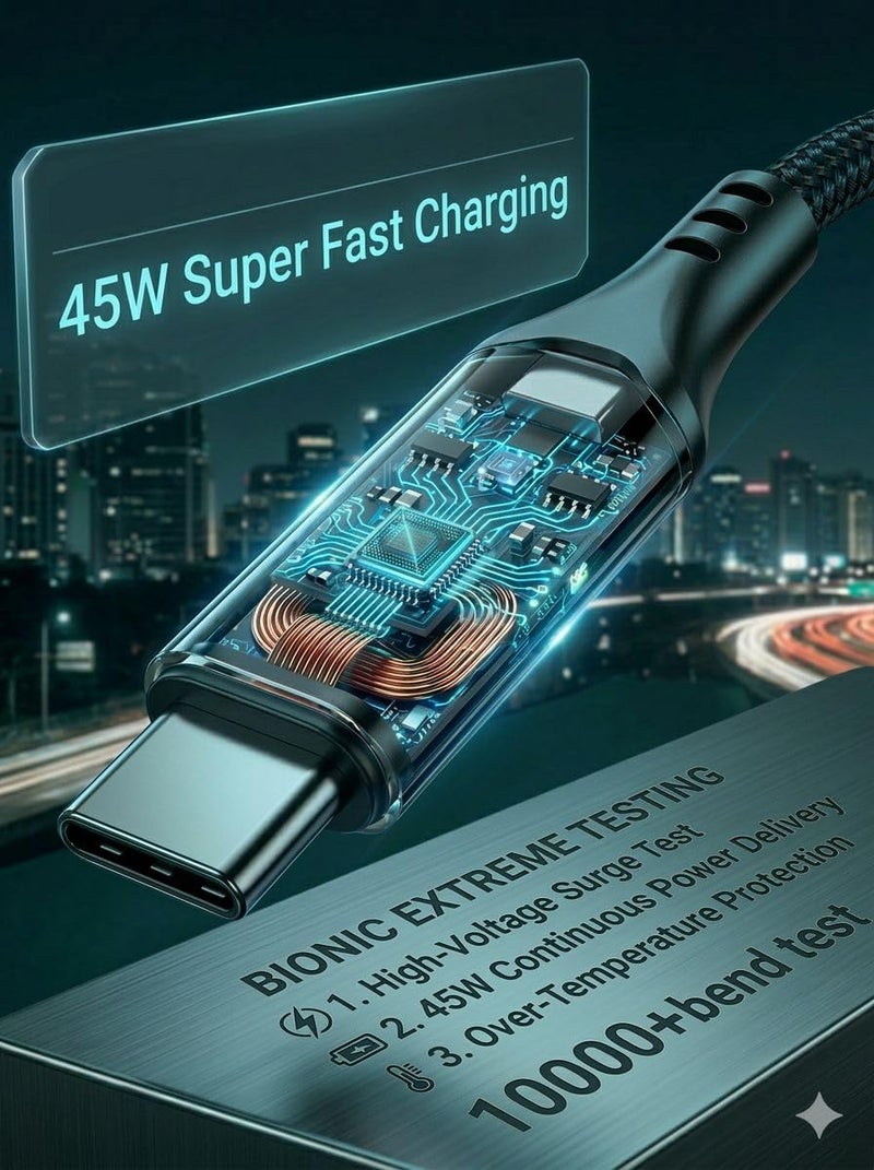 بيونيك كابل شحن سريع من نوع بقوة 45 واط، منفذ USB-C إلى USB-C، طوله 1 متر، يدعم تقنيات الشحن عالي السرعة PD 3.0 وPPS، مصنوع من خيوط نايلون متشابكة؛ متوافق مع أجهزة Samsung Galaxy S25 Ultra/S24، Huawei، Oppo، Vivo، وجميع الأجهزة التي تستخدم منفذ Type-C. - Image 5