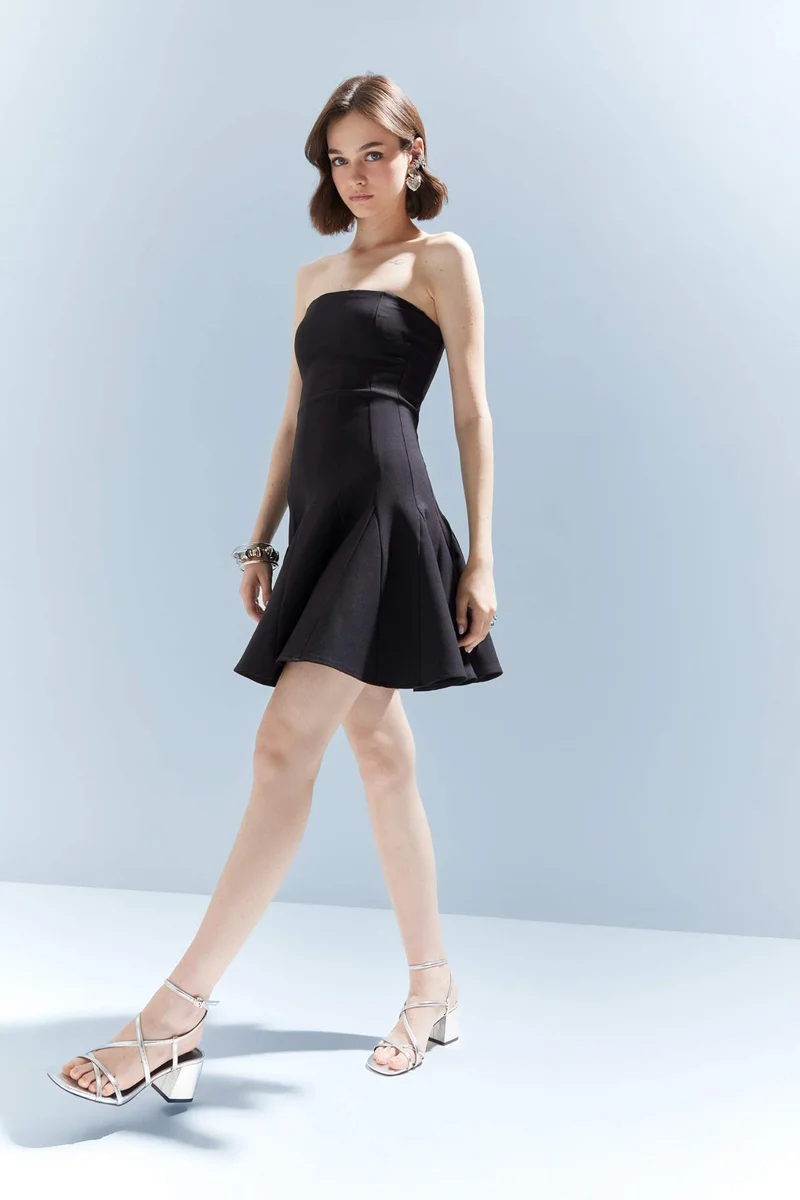 DeFacto Skater Fit Strapless Bengalin Mini Black Dress