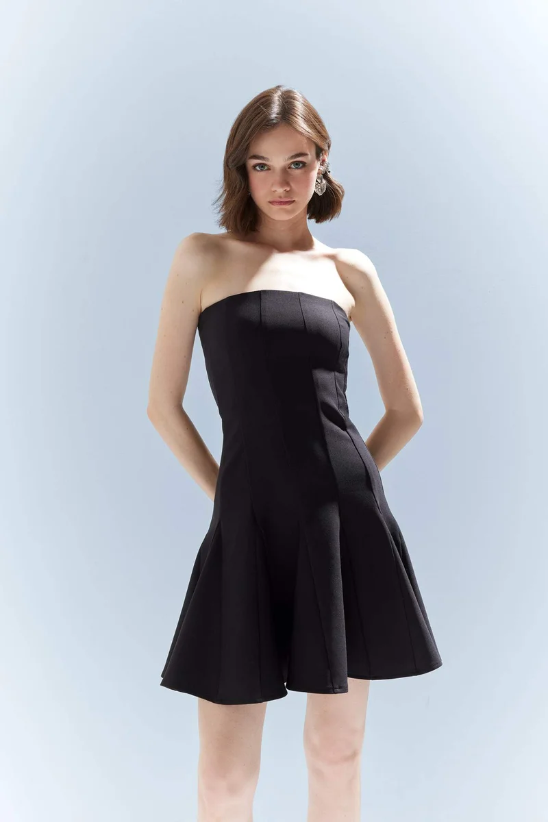 DeFacto Skater Fit Strapless Bengalin Mini Black Dress
