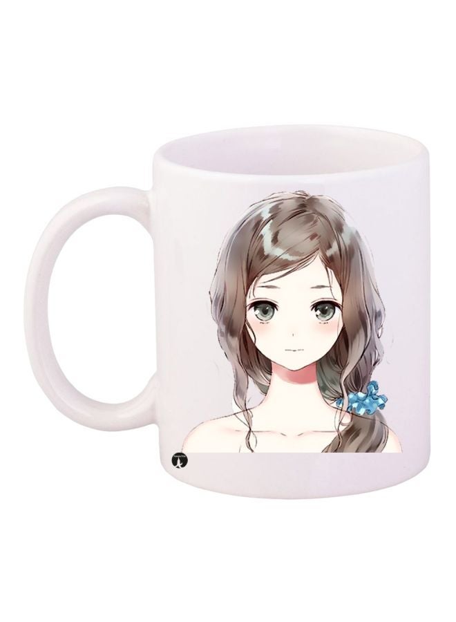 RYN Anime Girl Printed Coffee Mug White/Brown/Beige 11ounce