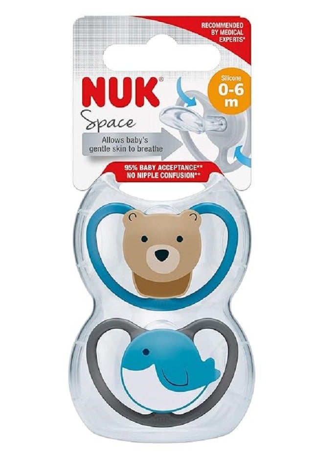 NUK Space Orthodontic Silicone 0-6M Soother Bear And Whale Pack Of 2 - Image 1