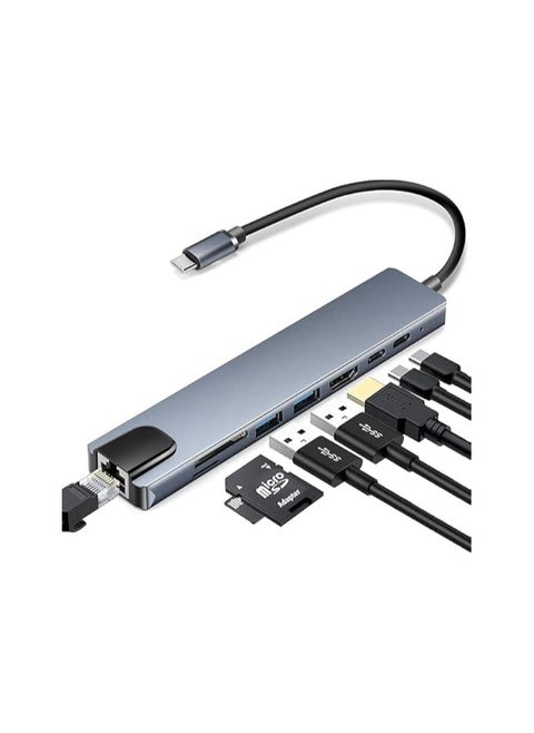 8-in-1 USB-C Hub with SD/TF Card Reader, Aluminum Type-C Adapter, 4K HDMI, USB 3.0, USB-C Power Delivery, RJ45 Ethernet, Compatible with MacBook Pro M1/M2, Windows, iPhone, and Smartphones
