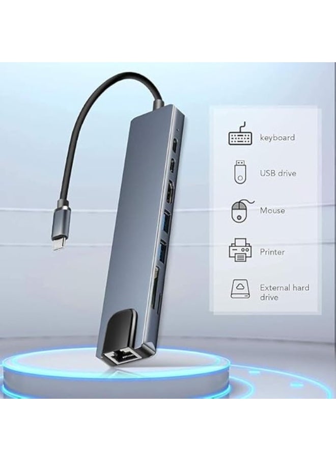 8-in-1 USB-C Hub with SD/TF Card Reader, Aluminum Type-C Adapter, 4K HDMI, USB 3.0, USB-C Power Delivery, RJ45 Ethernet, Compatible with MacBook Pro M1/M2, Windows, iPhone, and Smartphones