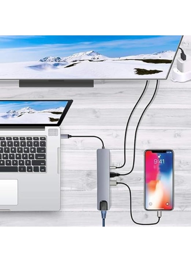 8-in-1 USB-C Hub with SD/TF Card Reader, Aluminum Type-C Adapter, 4K HDMI, USB 3.0, USB-C Power Delivery, RJ45 Ethernet, Compatible with MacBook Pro M1/M2, Windows, iPhone, and Smartphones