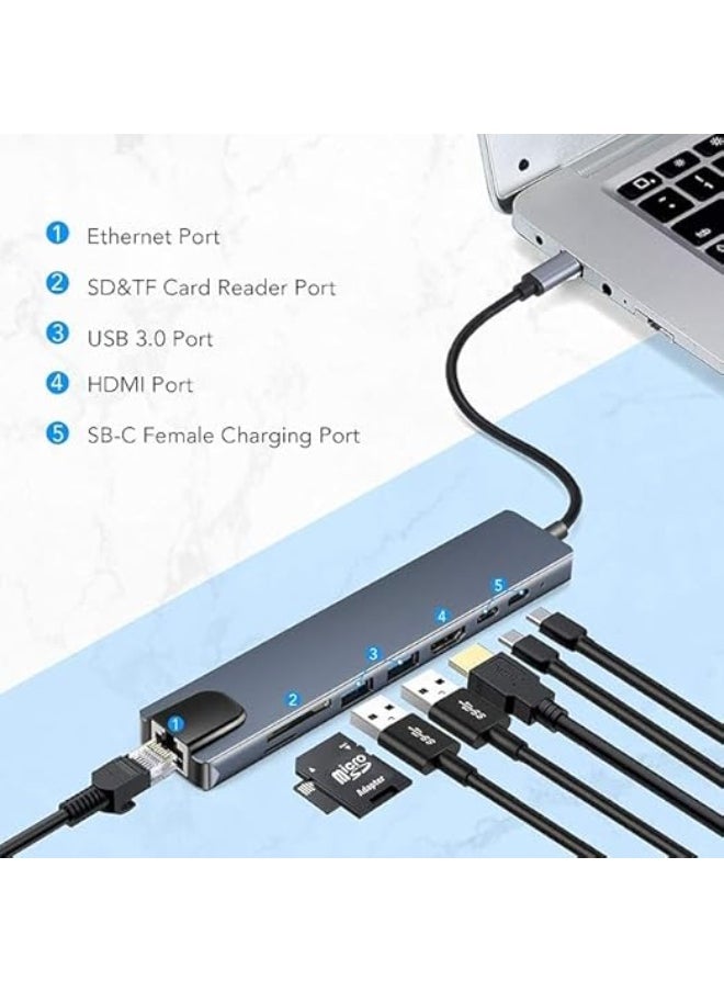 8-in-1 USB-C Hub with SD/TF Card Reader, Aluminum Type-C Adapter, 4K HDMI, USB 3.0, USB-C Power Delivery, RJ45 Ethernet, Compatible with MacBook Pro M1/M2, Windows, iPhone, and Smartphones
