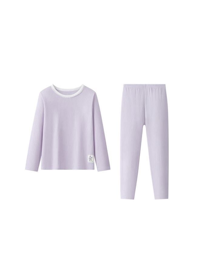 Deesha Girls' 7a Antibacterial 40s Tight-spun Cotton Lace Collar Thermal Underwear Set For Older Children (top And Bottom)