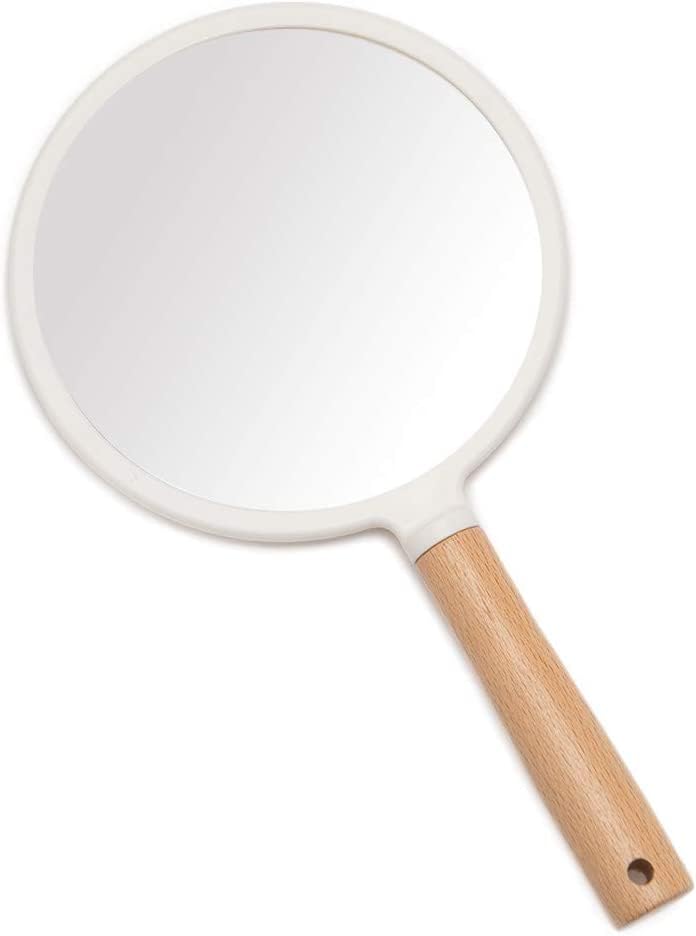 RoarCraft Hand Held Mirror for Makeup Small Wood Hand Mirror Portable Travel Vanity Mirror for MenWomen 55W x 92L inch White Round - Image 1